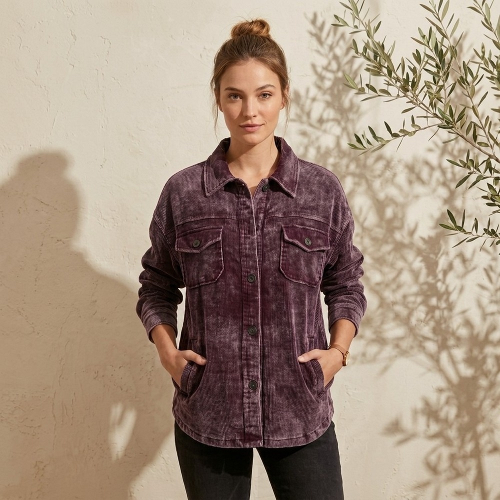 Zenana Shacket Corduroy Women's Distressed Purple Long Sleeve Button Up XL